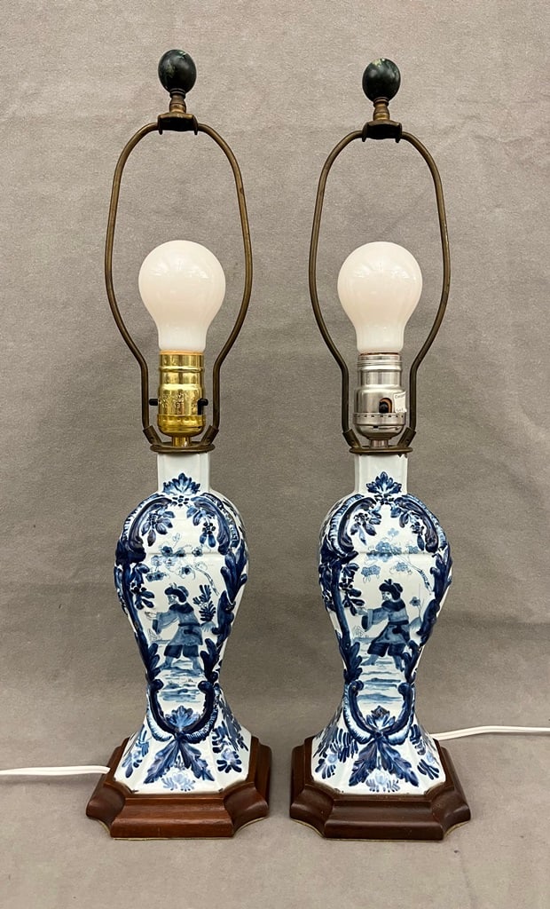 PAIR 18TH CENTURY DELFT BLUE AND WHITE GARNITURE VASES DRILLED AND MOUNTED AS TABLE LAMPS, (1 of 10)