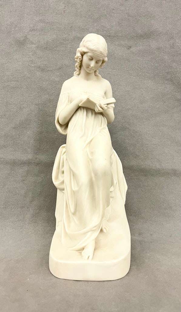 ENGLISH COPELAND BISQUE FIGURE MODELED AS SEATED CLASSICAL MAIDEN READING A BOOK BY P. MAC DOWELL, (1 of 8)