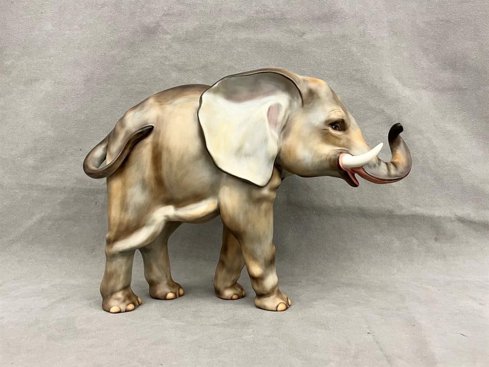 HEREND HAND-PAINTED PORCELAIN FIGURE MOLDED AS STANDING ELEPHANT, - H: 10". L: 13 1/2". (1 of 9)