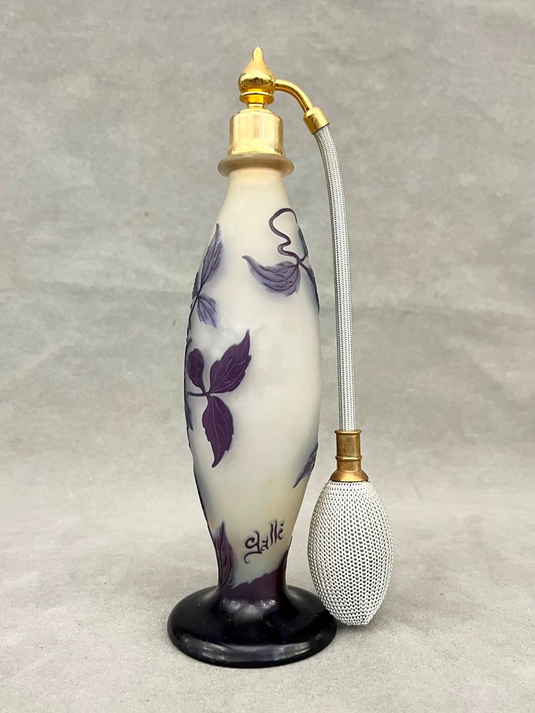 SIGNED GALLE SHADED LAVENDER/PURPLE ART GLASS OVOID PERFUME BOTTLE/ATOMIZER. - H: 8 3/4 in. (1 of 8)