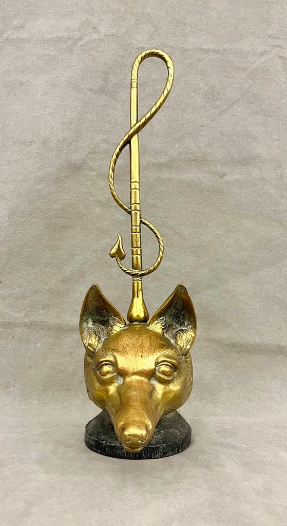 CAST BRASS HUNTING-THEME DOOR STOP CAST AS FOX HEAD WITH RIDING CROP, - H: 18". (1 of 6)