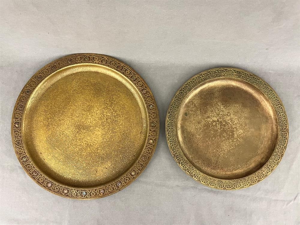 PAIR EARLY 20TH CENTURY SIGNED TIFFANY STUDIOS, NEW YORK, GILT-BRONZE CHARGERS, (1 of 5)
