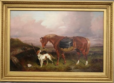 COLIN GRAEME ROE (English, 1858-1910). A Pony on a Grouse Moor with a Game Basket, Oil on canvas.