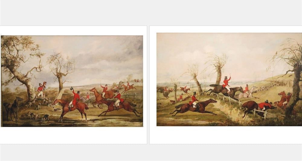 HENRY THOMAS ALKEN SR (British, 1785-1851). Two work: "Full Cry" and "The Death", Two works. Oil on: HENRY THOMAS ALKEN SR (British, 1785-1851). Two work: "Full Cry" and "The Death", Two works. Oil on canvas. Individually framed. - Sight (Approx): 24 x 37 inches (excluding frames)