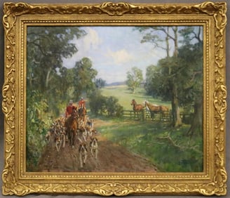 LIONEL DALHOUSIE ROBERTSON EDWARDS (British, 1878 - 1966). Off to the Meet, Oil on canvas. Signed