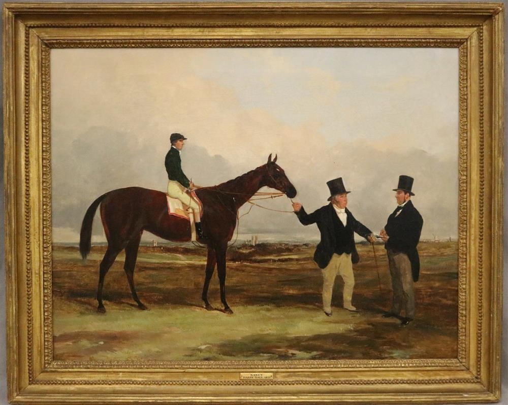 HARRY HENRY HALL (English, 1814-1882). Mr. Martinson's Nancy With Job Marson, Jr. Up And The Trainer: HARRY HENRY HALL (English, 1814-1882). Mr. Martinson's Nancy With Job Marson, Jr. Up And The Trainer Job Marson, Sr., 1851, Oil on canvas. Framed. - Approx. 23 x 30 inches; frame: 30 x 36 inches
