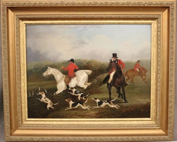 DAVID DALBY (English, 1794-1836). Hunting Scene, Oil on canvas. Verso old gallery label with