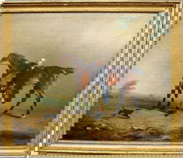 BENJAMIN MARSHALL (English, 1767-1865). A Gentleman with a Bay Hunter and Terrier in a Landscape,: BENJAMIN MARSHALL (English, 1767-1865). A Gentleman with a Bay Hunter and Terrier in a Landscape, Oil on canvas. Framed. Lot Essay (See Christie's London, Sporting Art auction, 22 May 2003, Lot 37): S