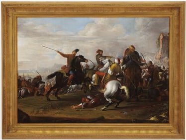 ATTRIBUTED TO JOHANN PHILIP LEMKE (German / Swedish, 1631-1711). Battle Between Cavalries, Oil on