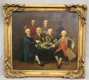 ENGLISH SCHOOL (Circa 1760). Gentlemen Drinking and Smoking Pipes 'Round a Table, a servant bearing