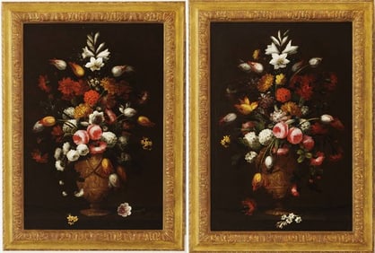 SPANISH SCHOOL (17th century). Two Works: Tulips, Irises, Roses and Other Flowers in a Gilt Urn on a