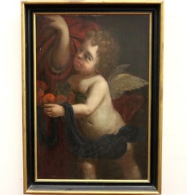SPANISH SCHOOL (18th / 19th century). A Winged Cherub, Oil on canvas laid down to a board. Artwork