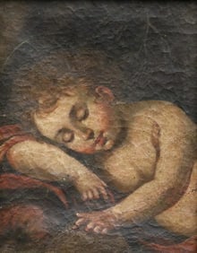 PERUVIAN SCHOOL (Early 19th century). A Sleeping Angel, Oil on canvas. Framed.