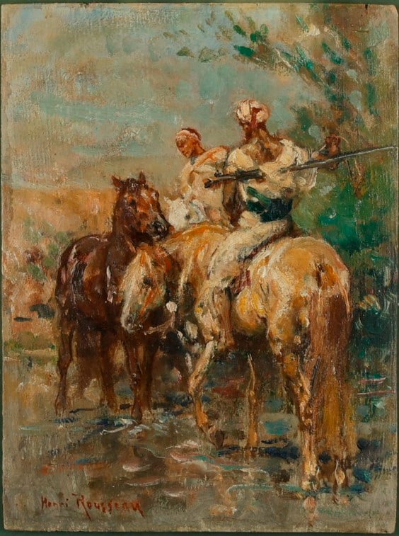 HENRI EMILIEN ROUSSEAU (French, 1875-1933). Two Horsemen, Oil on panel. Signed lower left hand (1 of 6)