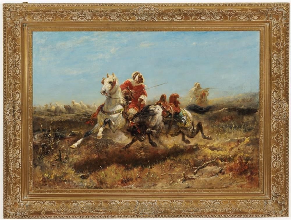 ADOLF SCHREYER (French / German, 1828-1899). The Chase, Oil on canvas. Signed Ad. Schreyer lower (1 of 3)