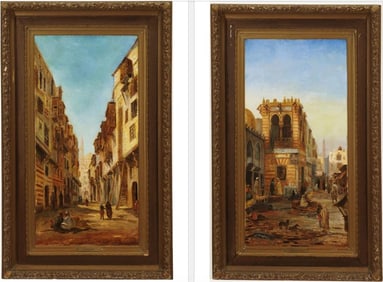 GERMAN SCHOOL (19th century). Two Works: "Cairo, Egypt" and "Market, Damascus.", Oil on canvas.