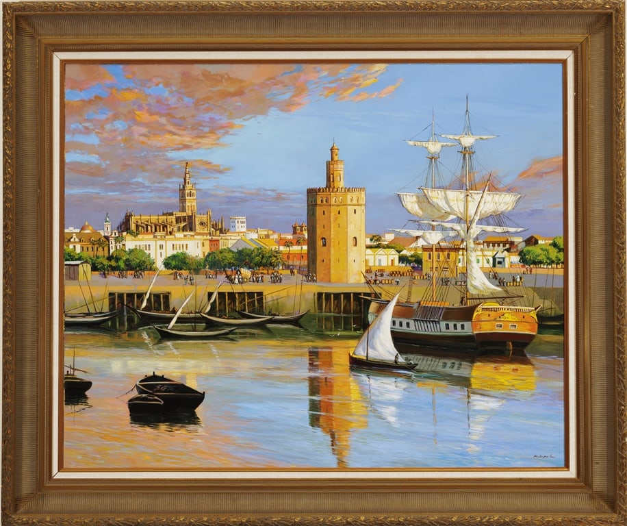 FELIX NUNEZ MOLINERO (Spanish, born 1941n). Seville's Torre del Oro and Cathedral, Oil on canvas.: FELIX NUNEZ MOLINERO (Spanish, born 1941n). Seville's Torre del Oro and Cathedral, Oil on canvas. Signed lower right. Framed. - Size (approx): 31.5 x 39 inches; frame: 30 x 47 inches