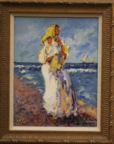 SPANISH SCHOOL (20th century). Mother and Child at the Beach, Oil on canvas. Indecipherable
