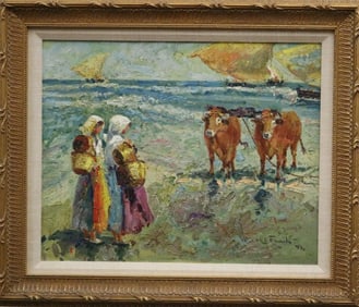 PEDRO FRAILE (Spanish, born 1957). Bueyes en el Mar (Oxen at the Beach), 1994, Oil on canvas. Signed