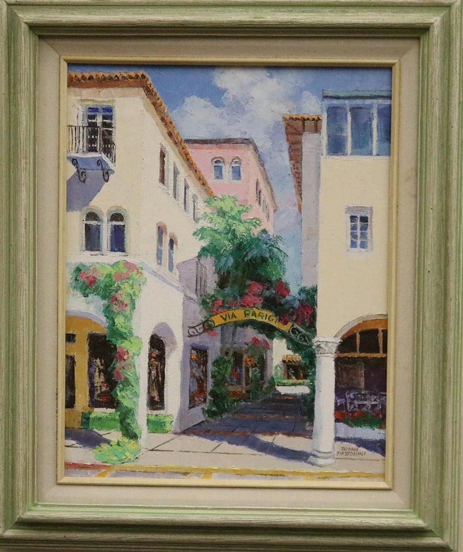 RONNI PASTORINI (American, 1915-2011). Via Parigi, Oil on canvas. Signed lower right hand corner.: RONNI PASTORINI (American, 1915-2011). Via Parigi, Oil on canvas. Signed lower right hand corner. Framed. - Sight (approx.): 14 x 11 inches (excluding frame)