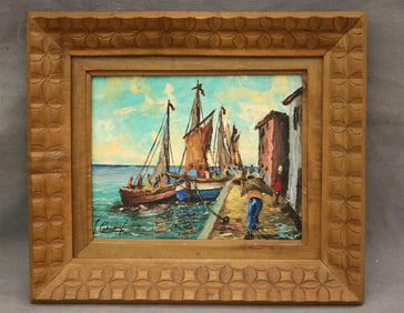 HAITIAN SCHOL (20th century). Harbor Scene, Oil on canvas. Indecipherable signature lower left hand