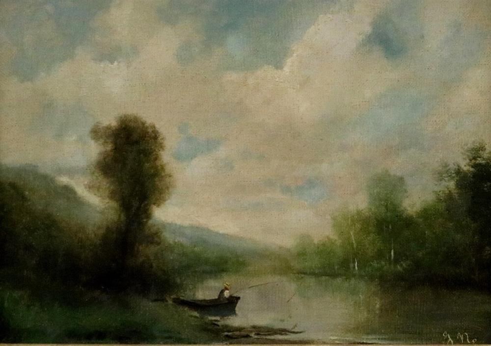 AFTER JOHN FRANCIS MURPHY (AMERICAN, 1853-1921). The Lonely Fisherman, Early 20th century oil on: AFTER JOHN FRANCIS MURPHY (AMERICAN, 1853-1921). The Lonely Fisherman, Early 20th century oil on canvas artwork. Indecipherable signature lower right hand corner. Framed. - Sight (approx.): 9 x 12 inc