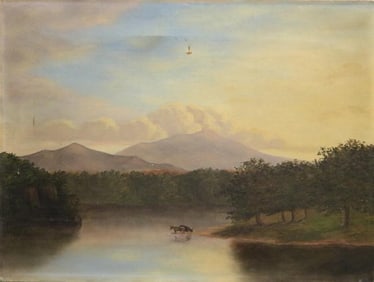 AMERICAN SCHOOL (Early 20th century). Landscape with Cows in a Lake. Probably Hudson River Valley
