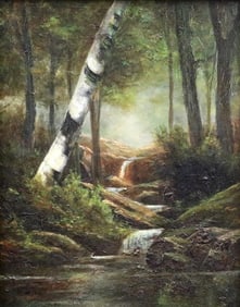 AMERICAN SCHOOL (19th century). Wooded Area With Stream, Oil on board. Indecipherable signature