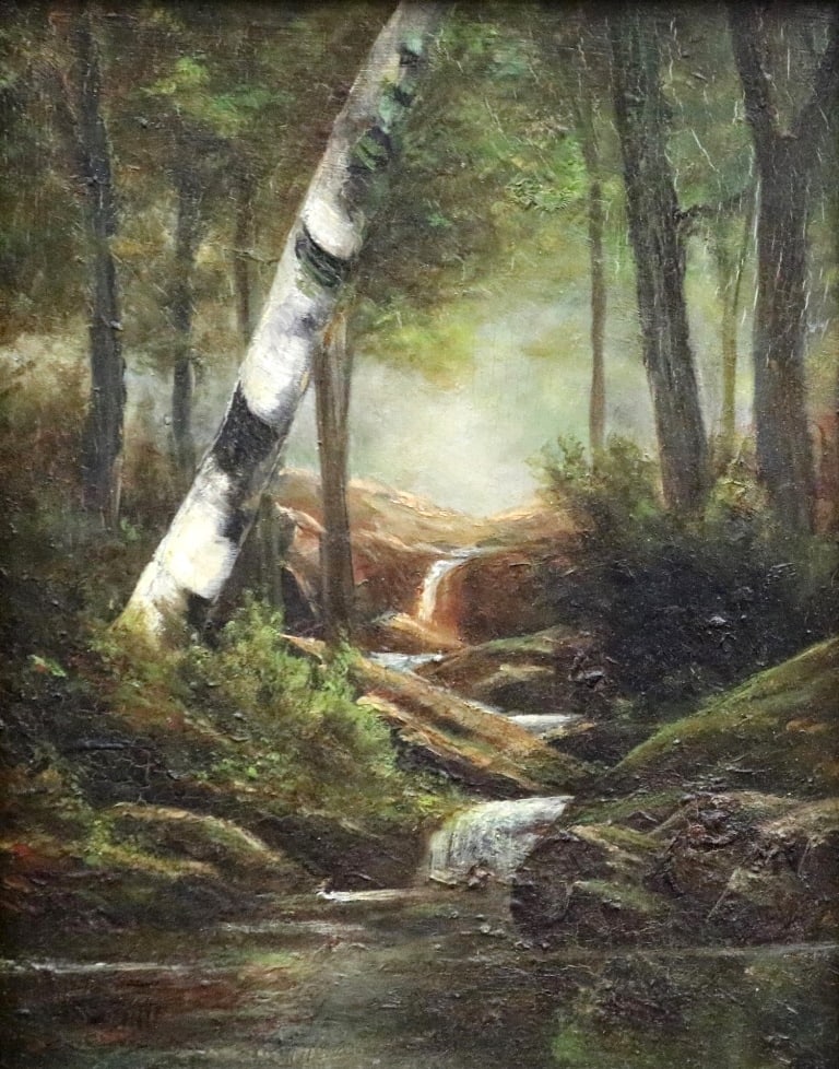 AMERICAN SCHOOL (19th century). Wooded Area With Stream, Oil on board. Indecipherable signature: AMERICAN SCHOOL (19th century). Wooded Area With Stream, Oil on board. Indecipherable signature lower left hand corner. Framed. - Sight (approx.): 9.5 x 7.5 inches; frame: 18 x 15.5 inches.