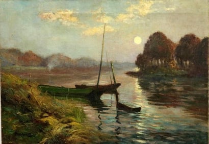 LEON ESPERANCE BROQUET (French, 1869-1935). Late Afternoon View with a Boat, Signed lower left. Oil