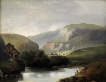 ENGLISH SCHOOL (19th century). The Inn at the Lake, Oil on board. Unsigned. Framed.