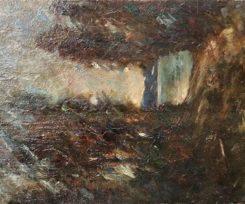 FRENCH SCHOOL (late 19th century). Early Winter Landscape, Oil on board. Unsigned. Unframed.: FRENCH SCHOOL (late 19th century). Early Winter Landscape, Oil on board. Unsigned. Unframed. - 13 x 16 inches
