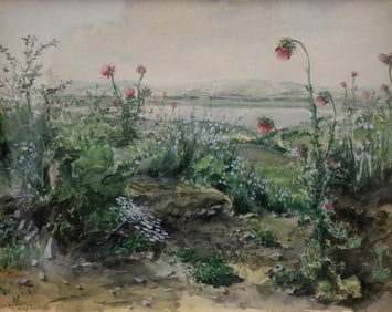 CONTINENTAL SCHOOL (20th Century). View of the Lake with Poppy Seed Flowers, Watercolor on paper.