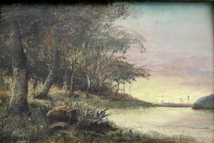 FRENCH SCHOOL (Late 19th century). Sunset Rural Scene, Oil on board. Unsigned. Framed.