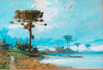 REINALDO MANZKE (Brazilian, 1906-1980). River Scene, Watercolor with intense color schemes. Signed
