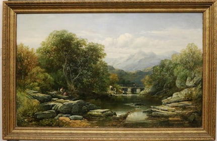 CHARLES WILSON KNAPP (American, 1823-1900). Landscape with Bridge, Oil on canvas. Signed "C Knapp"
