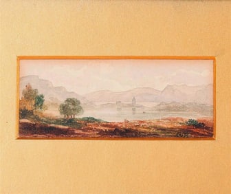 ENGLISH SCHOOL (19th century). View of the Lake and its Castle, Watercolor on paper. Initials of the