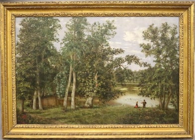 ENGLISH SCHOOL (19th century). Landscape with Children Playing. Oil on canvas. Unsigned. Framed.