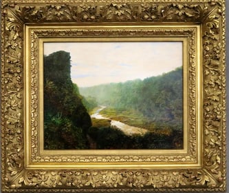 JOHN ATKINSON GRIMSHAW (English, 1836-1893). Landscape with a Winding River, 1868, Oil on board.