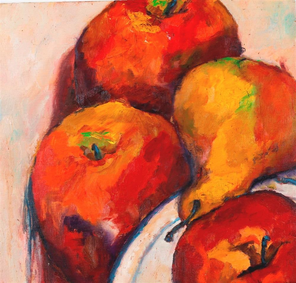 AMERICAN SCHOOL (20th century). 3 Apples and a Pear, Oil on board. Unsigned.: AMERICAN SCHOOL (20th century). 3 Apples and a Pear, Oil on board. Unsigned. - 19 x 20 inches