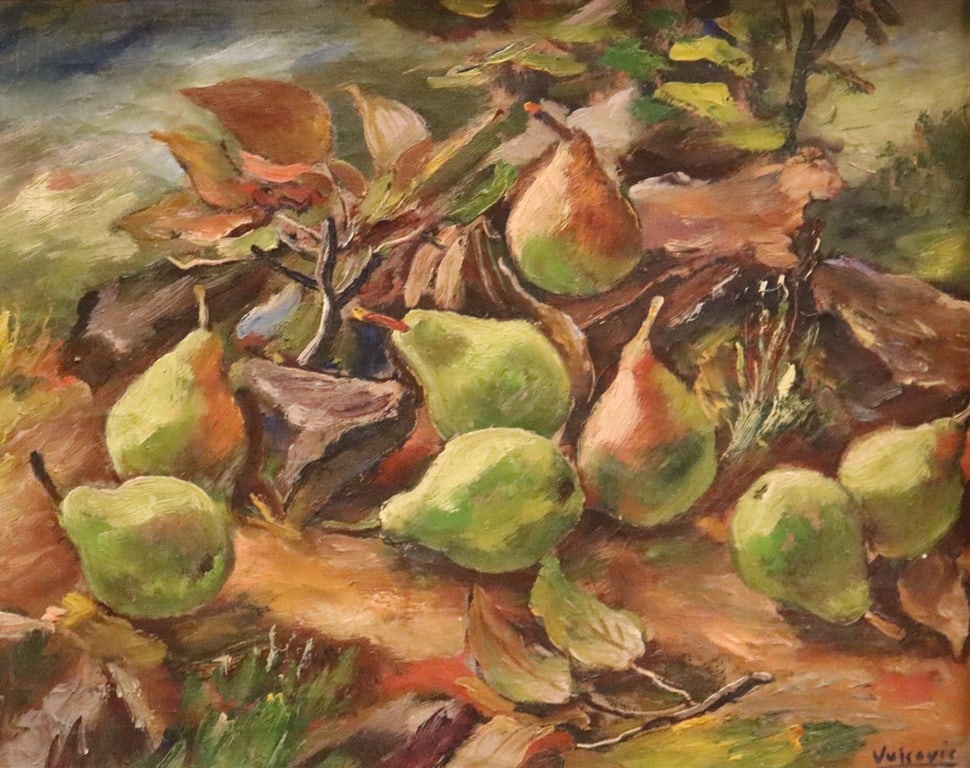 MARKO (MARK) WALKER VUKOVIC (American / Yugoslavian 1892 - 1973). Eight Pears, Oil on canvas. Signed: MARKO (MARK) WALKER VUKOVIC (American / Yugoslavian 1892 - 1973). Eight Pears, Oil on canvas. Signed lower right hand corner. Framed. - 14.5 x 18.5 inches; Frame: 21 x 25 inches