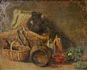 ENGLISH SCHOOL (Late 19th century). Still Life with a Wicker Basket, Oil on paper laid down to