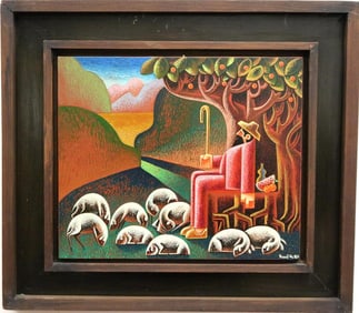 RAUL RODRIGUEZ CAMACHO (Mexican, 20th century). El Pastor (The Shepherd), 1983, Oil on canvas.