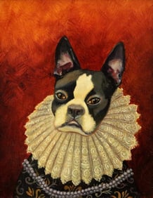 CYNTHIA BURKE (American, 20th century). His Majesty, the Boston Terrier, Oil on board. Hand-painted