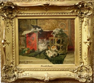 HENRIETTE RONNER-KNIP (Dutch / Belgian, 1821 - 1909). Cats with Four Kittens Playing with a Copper
