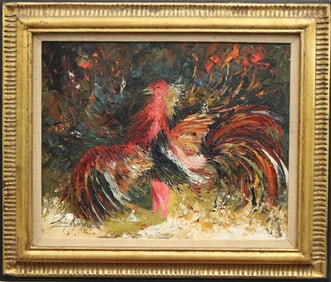 LESVER DE QUIROS (Cuban, 1928-1997). A Rooster, 1972, Oil on canvas. Signed lower left hand corner.