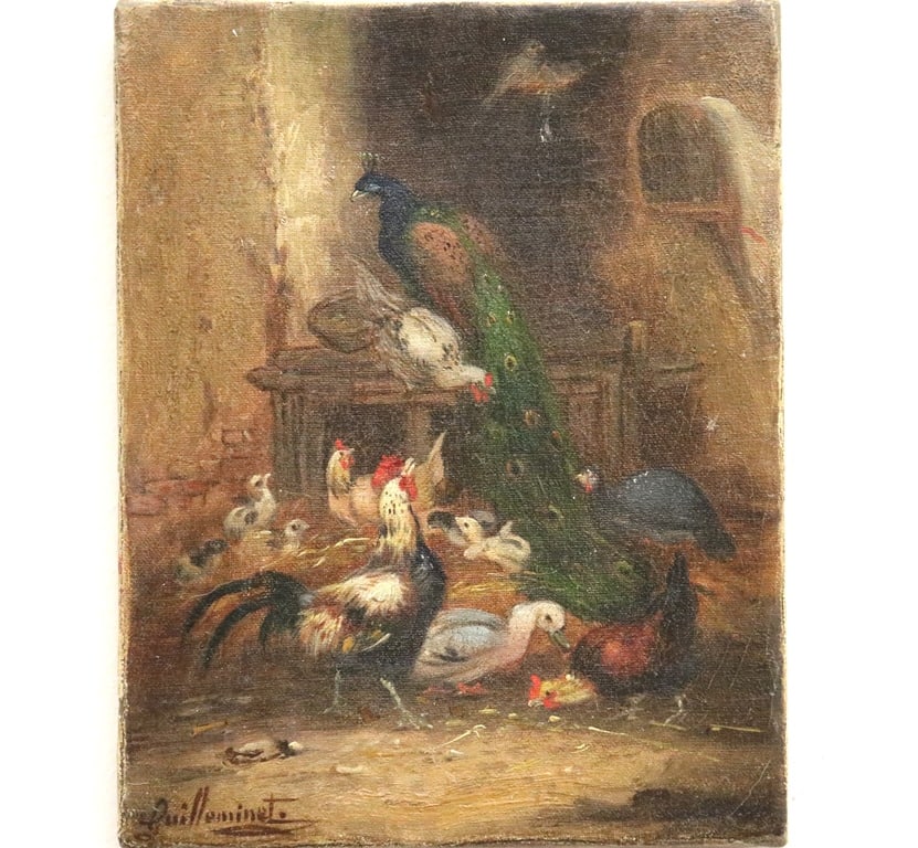 CLAUDE GUILLEMINET (French, 1821 - 1885). Interior Scene of a Farmyard with a Peacock, Oil on: CLAUDE GUILLEMINET (French, 1821 - 1885). Interior Scene of a Farmyard with a Peacock, Oil on canvas. Signed lower left-hand corner. Unframed. - (Approx.): 9.5 x 7.5 inches.
