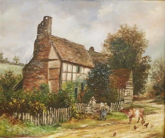 ENGLISH SCHOOL (19th / 20th century). Farm Scene, Family and Cow by Cottage, OIl on canvas laid down