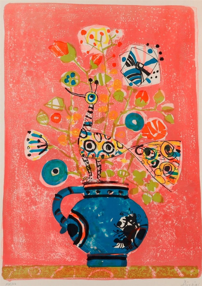 PAUL AIZPIRI (French, 1919-2016). Bouquet de fleurs a l'oiseau, Limited edition lithograph in colors (1 of 7)