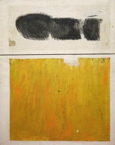 SAM RICHARDSON (American, 1934-2013). Abstract with Yellow Cube, Oil on canvas. Signed "Richardson"
